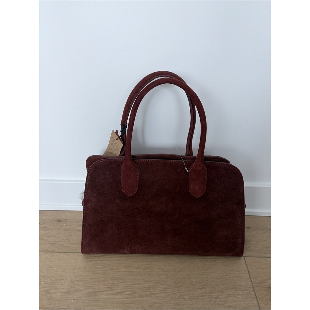 NWT Margot New York Genuine Suede Bowling Bag Tote Maroon NEW $200 Double Handle - Picture 3 of 10